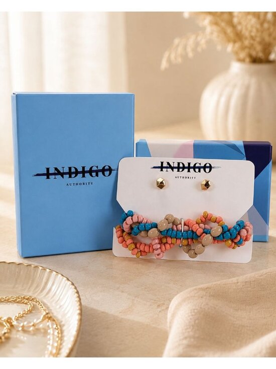 Indigo Authority Jewelry - Indigo Authority Beaded Bracelet & Gold-Tone Stud Earrings Gift Set NIB